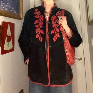 vintage Linea black and red genuine suede leather floral embroidered jacket 80s